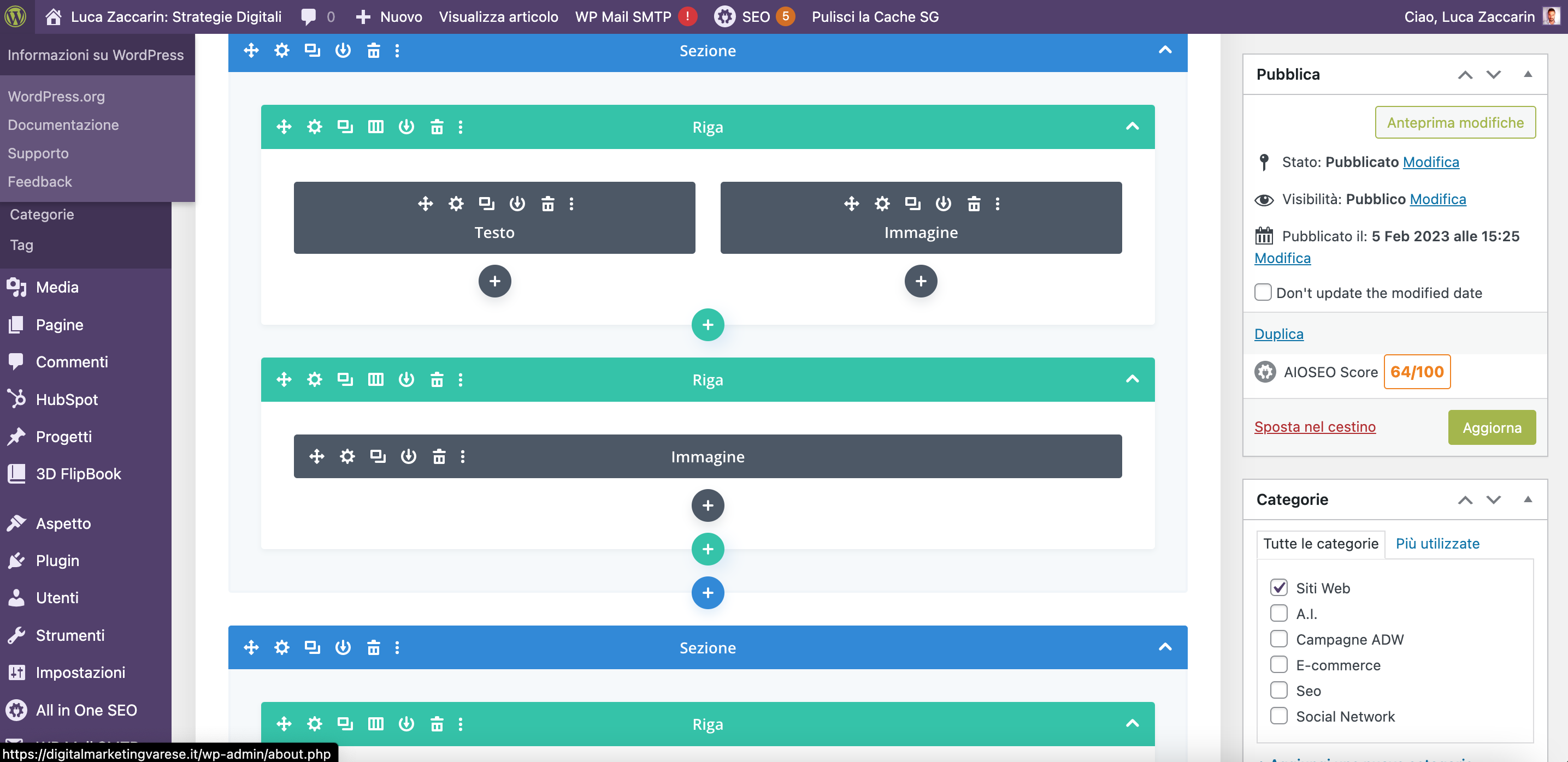 Uno schermo che mostra la dashboard di WordPress, il popolare CMS open source utilizzato per creare e gestire siti web